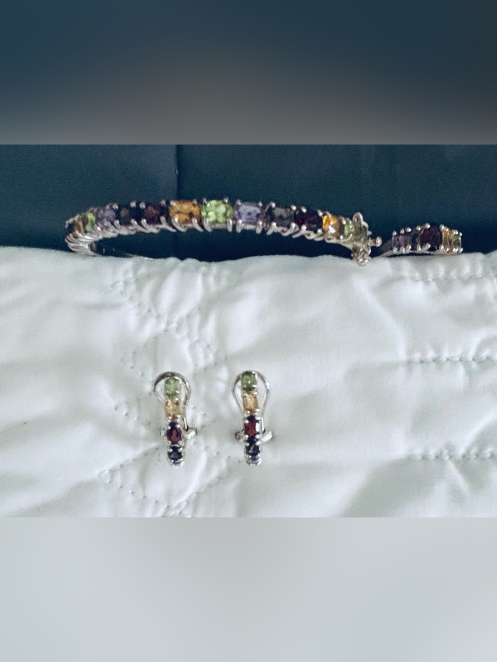 Sterling Silver Multi Gemstone Rainbow SET - Ring (size 6), Earings  & Bracelet